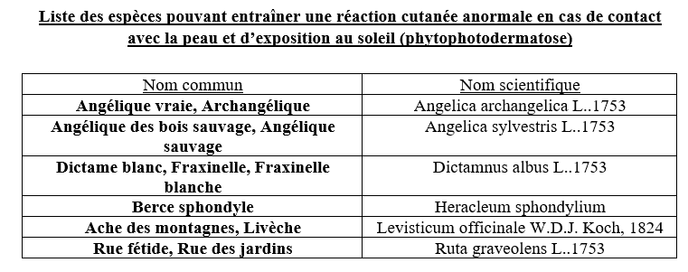 Tableau représentant les especes pouvant entrainer une reaction cutanée anormale en cas de contact avec la peau et d'exposition au soleil 